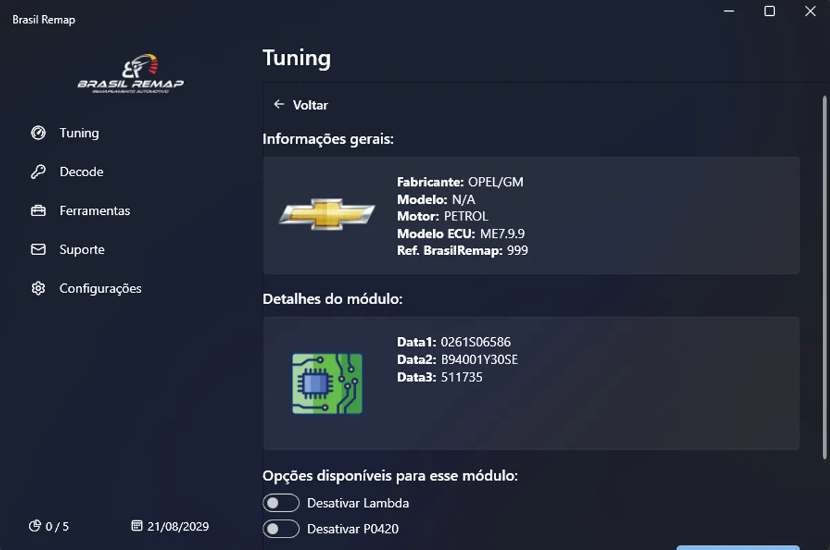 Brasil Remap - Interface do software de remapeamento ECU